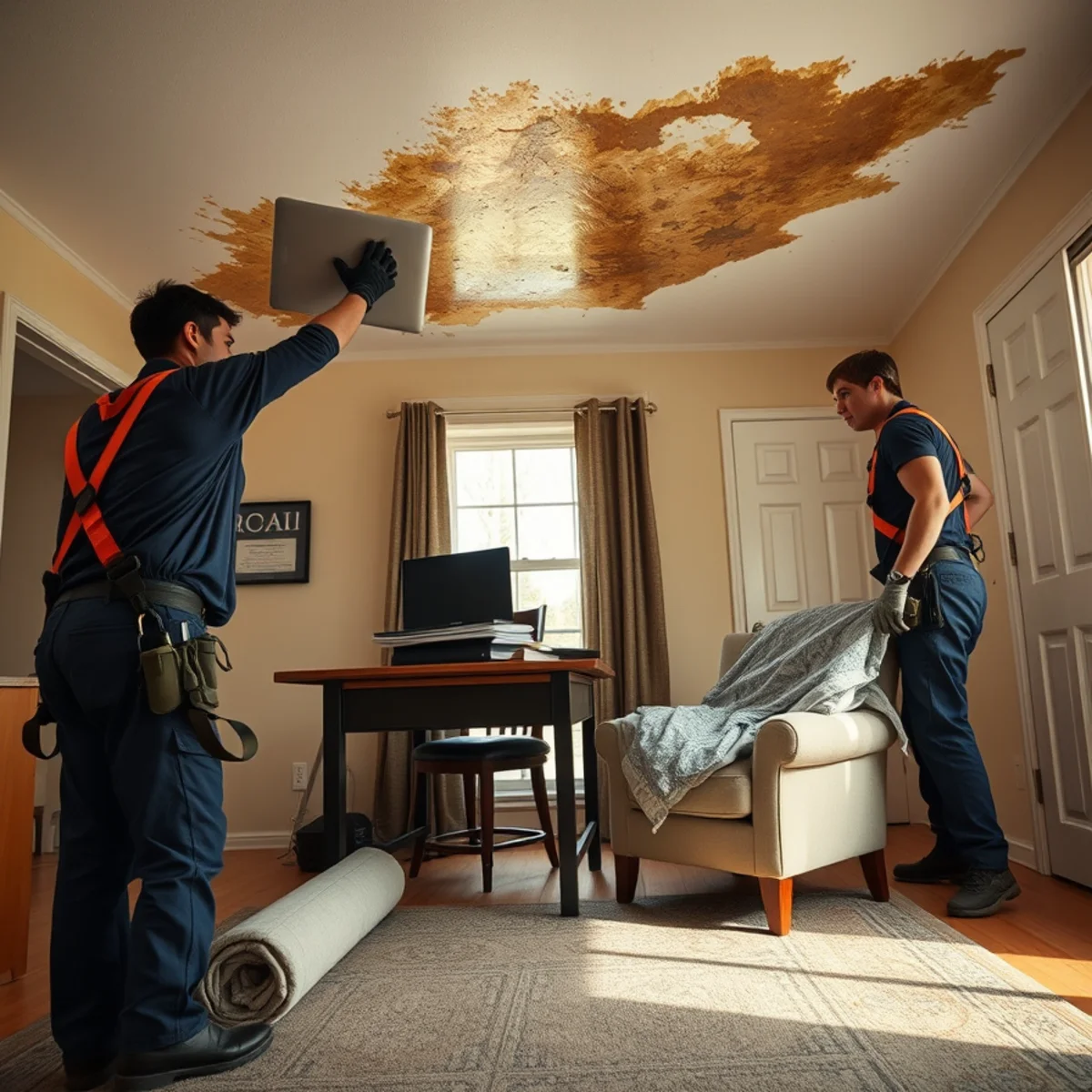 Homeowner moving furniture and electronics away from an active ceiling leak