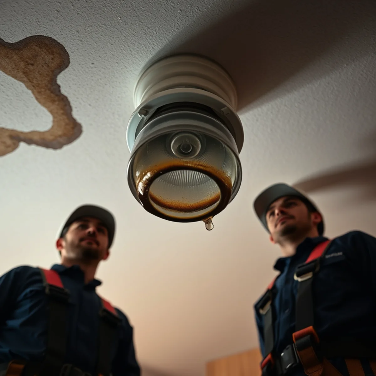 Water spreading near a ceiling light fixture during a roof leak