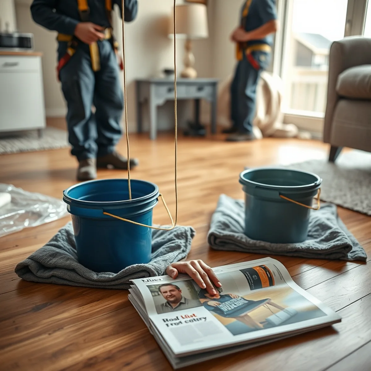 Buckets, towels and a string channelling roof leak water in a Harrisburg, PA home