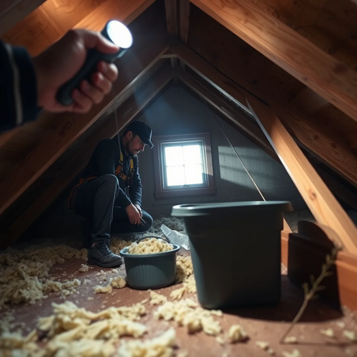 Homeowner checking attic sheathing with a flashlight during an active roof leak