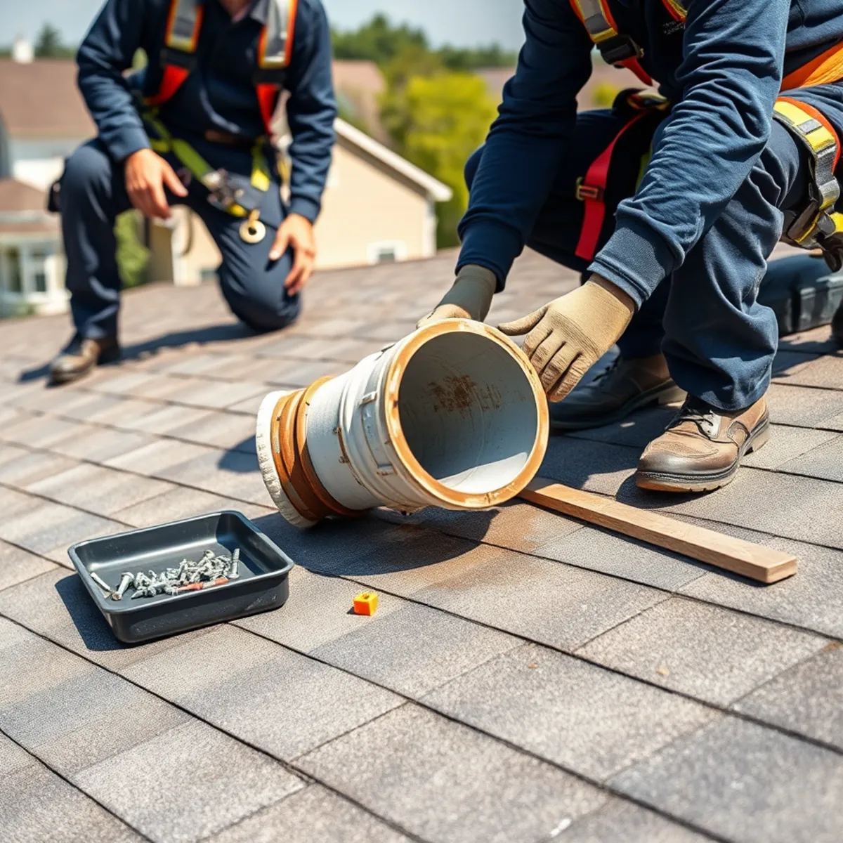 Roofer replacing a cracked pipe boot on a Dauphin County, PA home