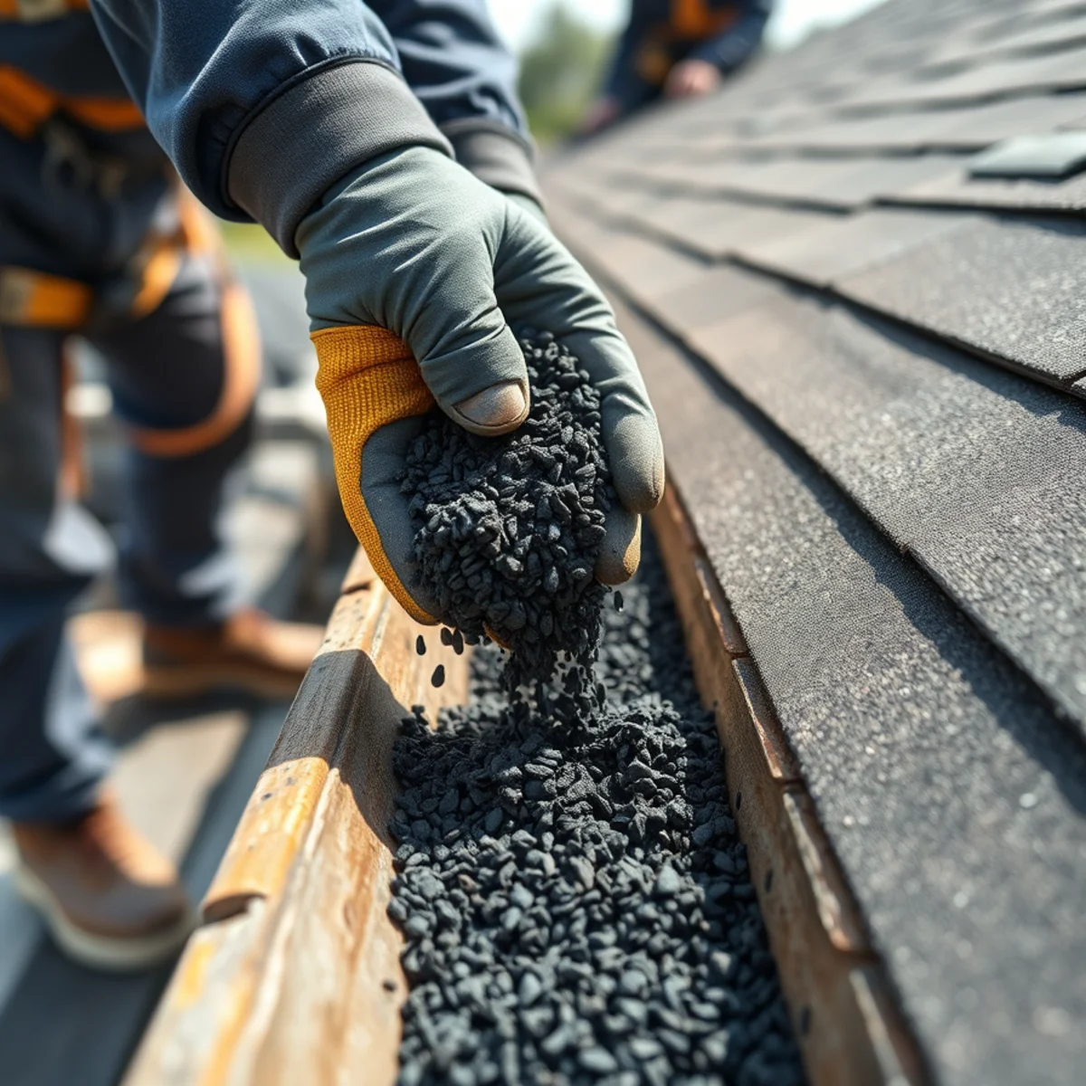 Handful of shingle granules scooped from a gutter on an aging roof