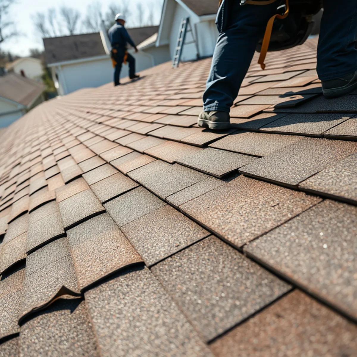Curling and clawing shingles across a whole roof slope
