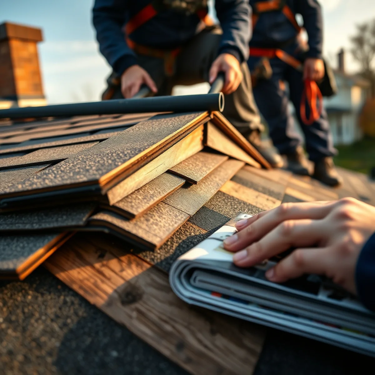Two stacked layers of shingles revealed at a roof rake edge