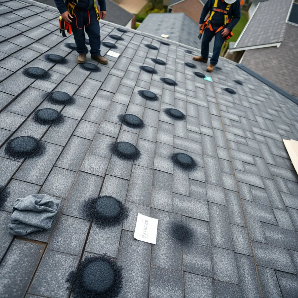 Hail bruising and granule loss across multiple roof slopes