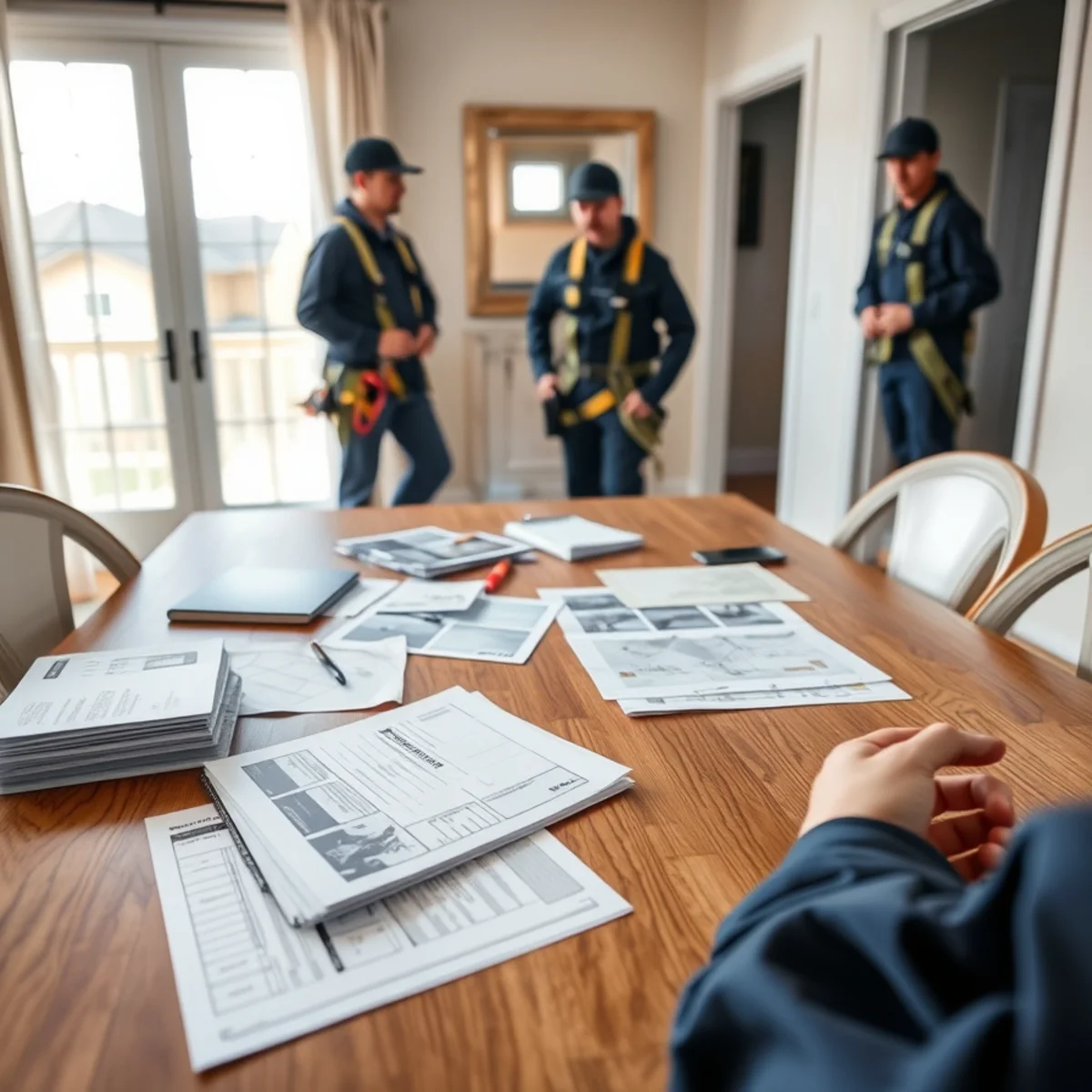 Photographs, receipts and a contractor report laid out ready for a roof adjuster inspection