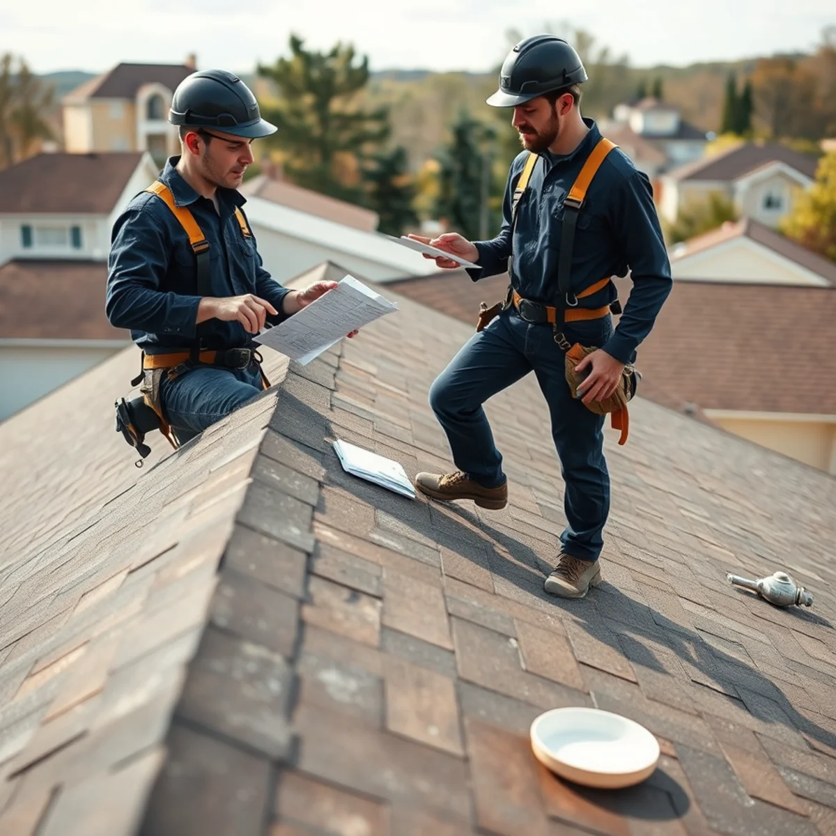 Contractor walking the roof with the insurance adjuster during a claim inspection