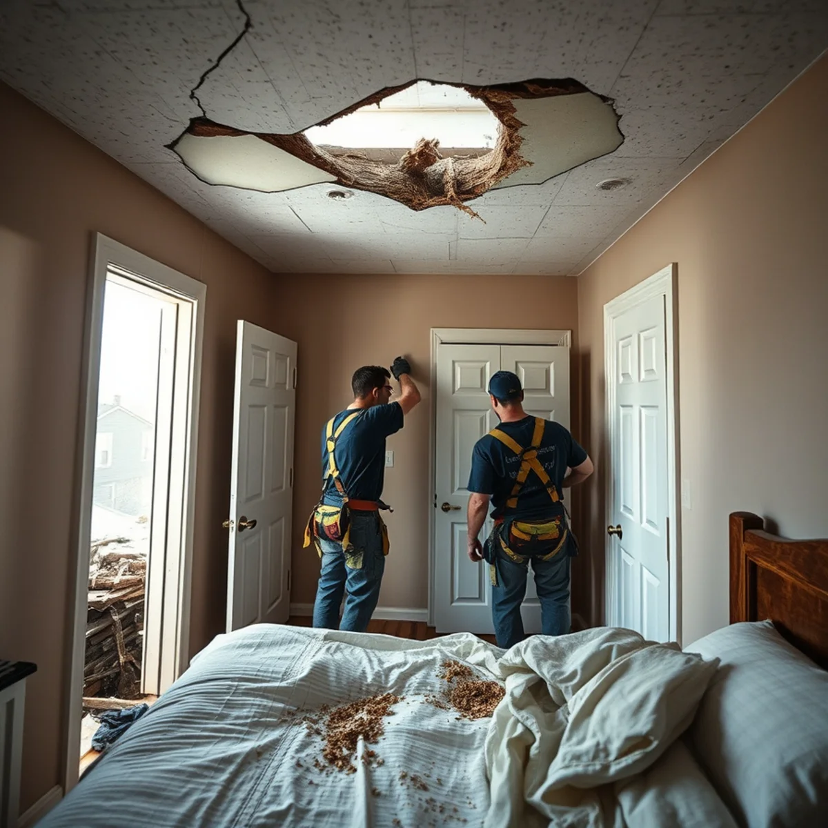 Family moving out of a room beneath tree impact damage in a Harrisburg, PA home