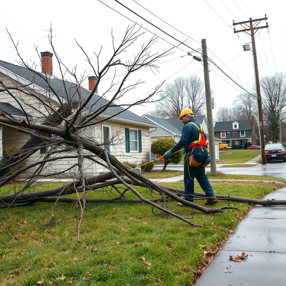 Downed power line tangled in a fallen tree beside a Pennsylvania home after a storm