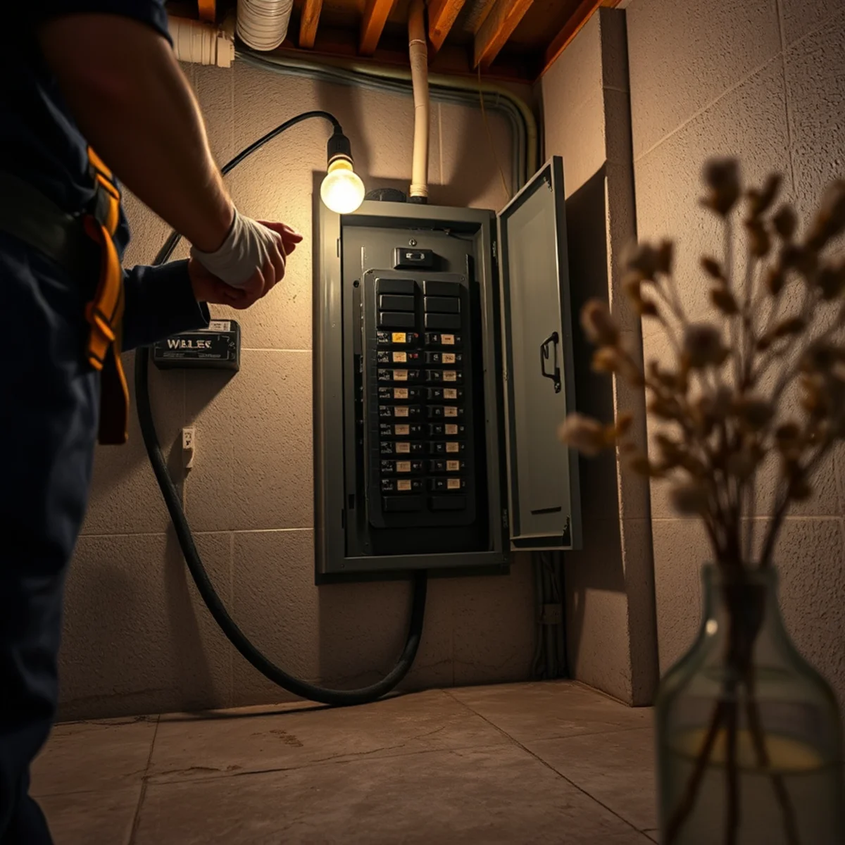 Homeowner switching off breakers at an electrical panel after roof water intrusion