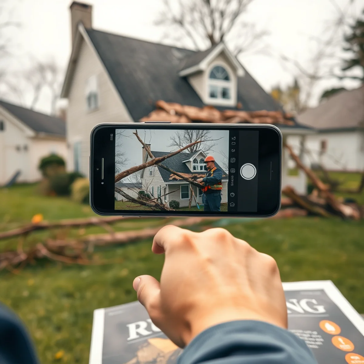 Homeowner photographing tree damage on a roof before any cleanup begins