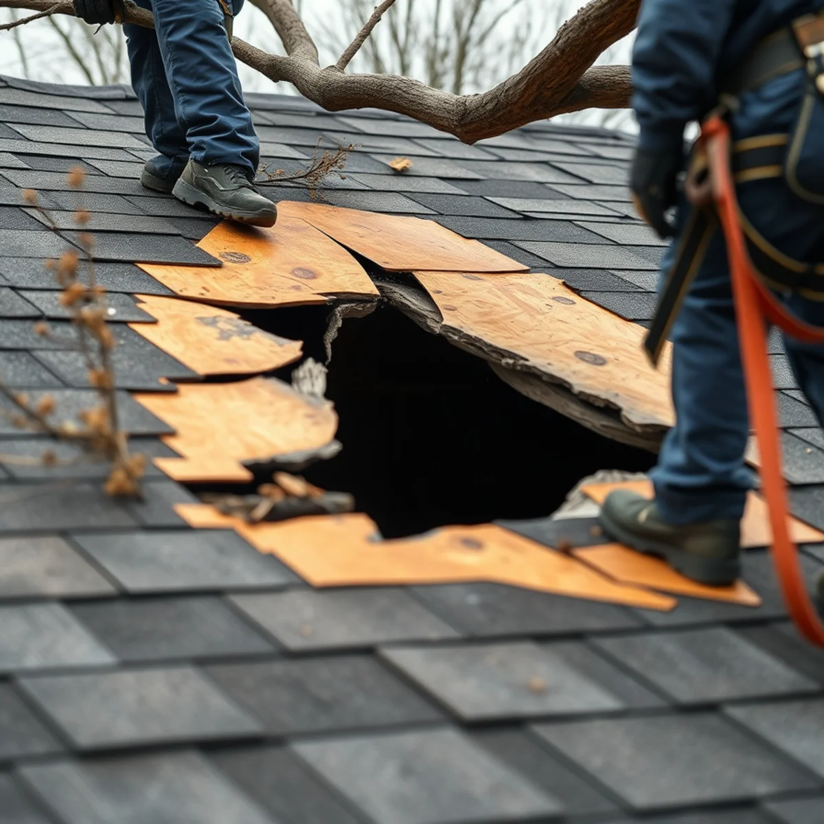 Compromised roof decking around tree impact damage on a Pennsylvania home