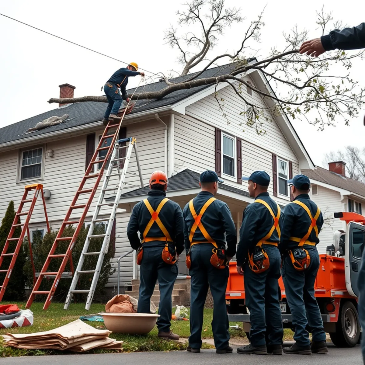 Tree removal crew and roofing crew working together to clear and tarp a damaged roof
