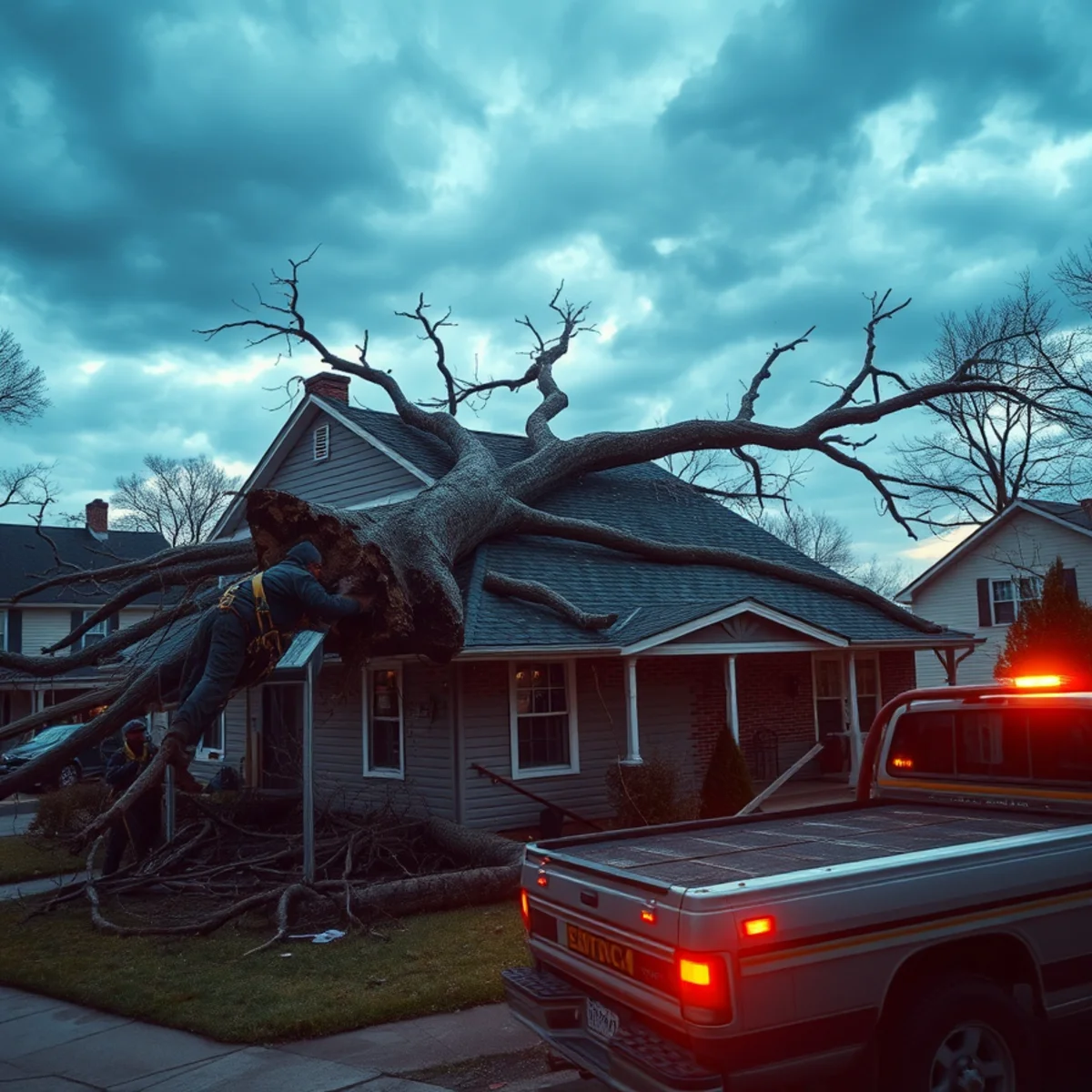 Large tree limb resting on a damaged roof in Harrisburg, PA after a storm