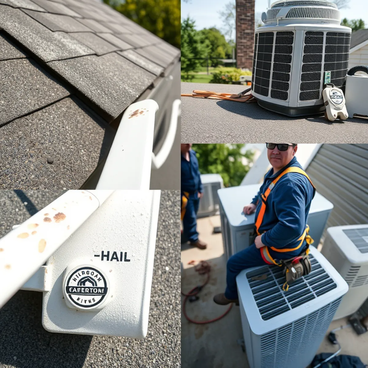 Hail dents in a gutter, vent cap and air conditioner fins at a Harrisburg, PA home