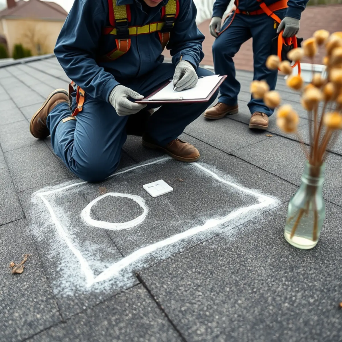 Roofer marking and counting hail impacts in a test square during a free inspection