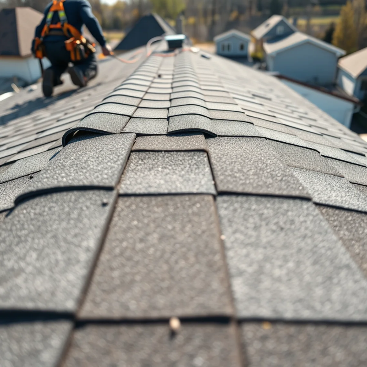 Close view of curling asphalt shingles on a Harrisburg, PA roof