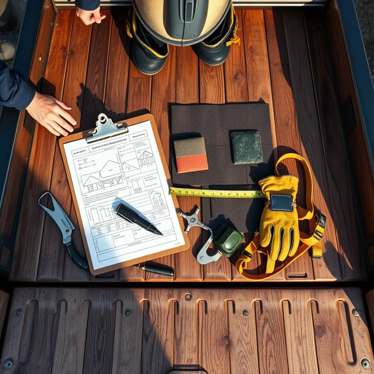 Roofer's field kit and roof diagram laid out on a truck tailgate in Harrisburg, PA