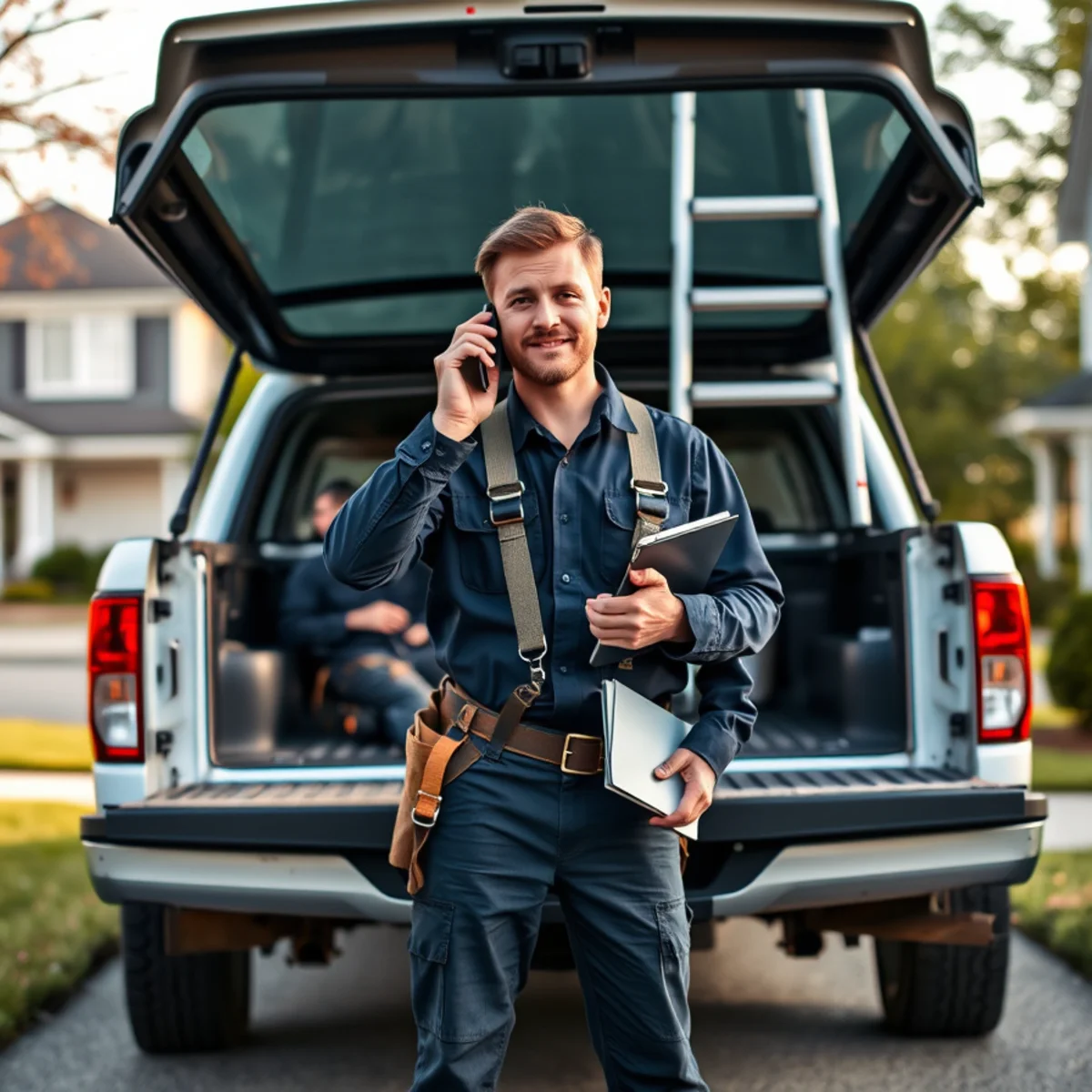 Roofer taking a call beside a work truck at a Harrisburg, PA home