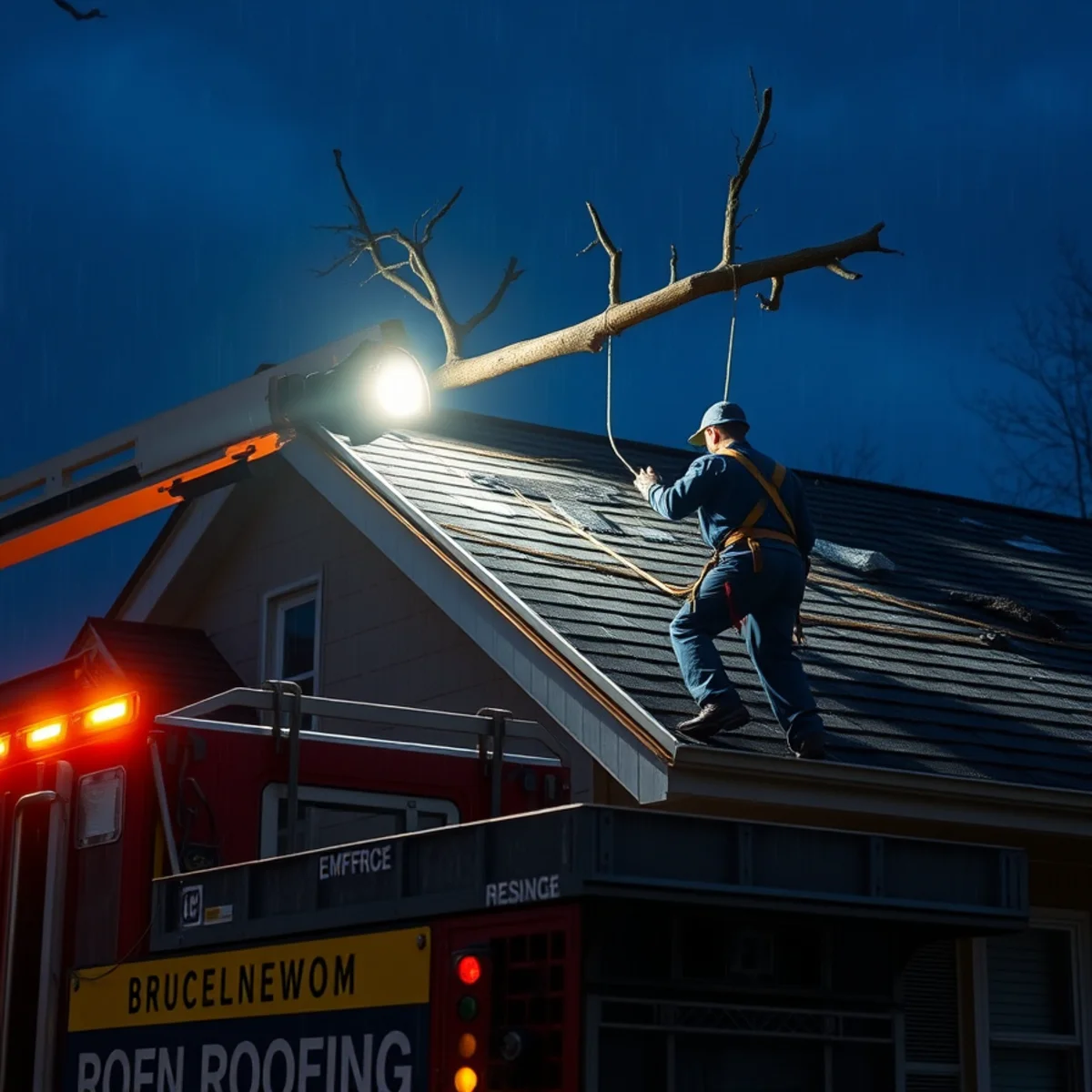 Emergency roofing crew working at night on a storm-damaged roof in Harrisburg, PA
