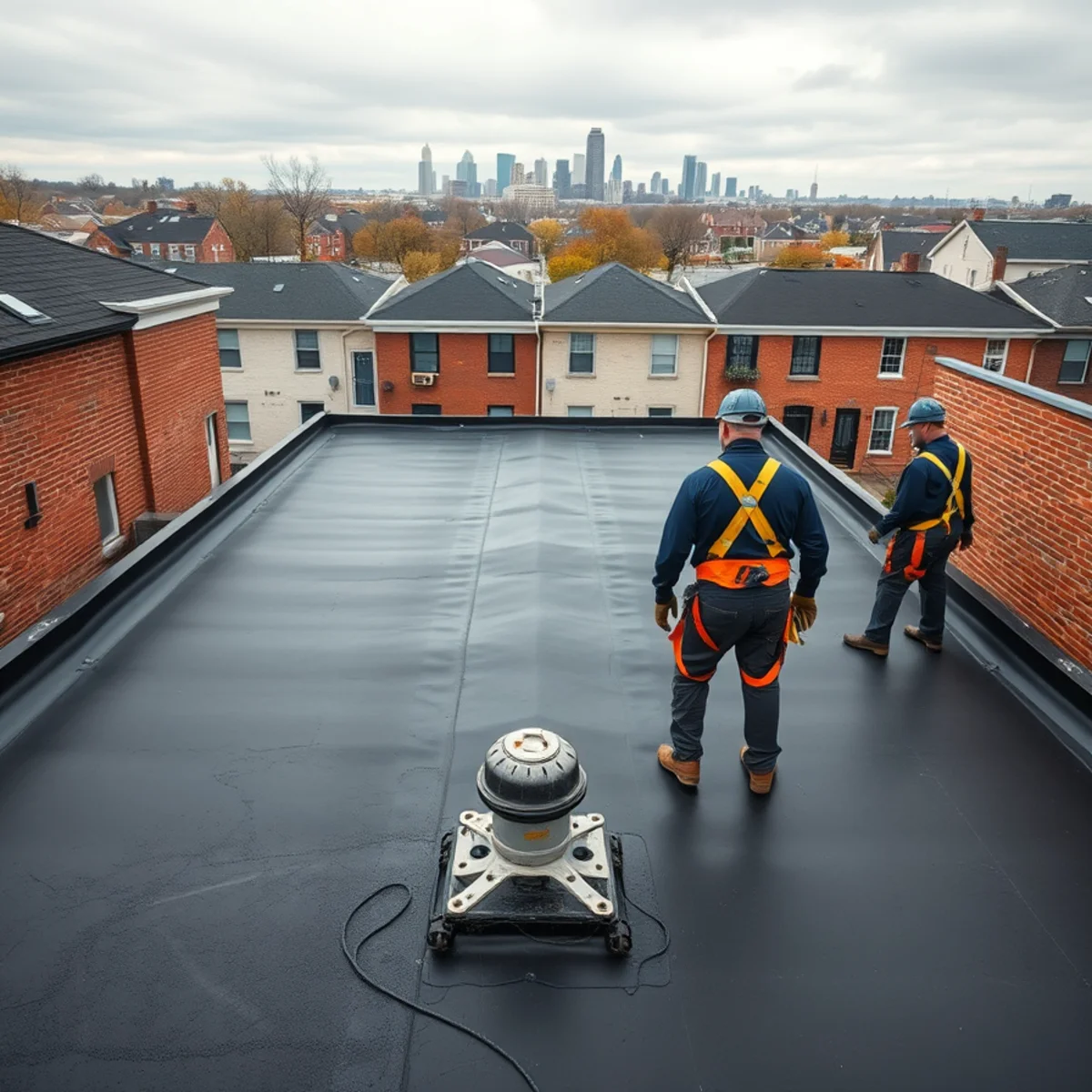 Flat membrane roof replacement on a Harrisburg, PA rowhome with the Capitol dome in the background
