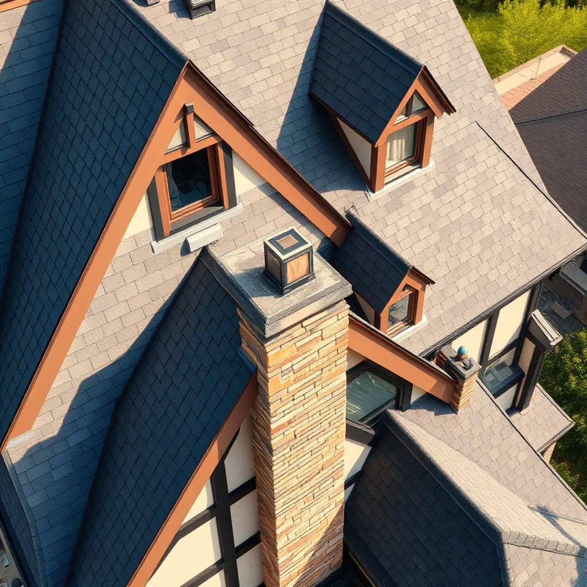 Complex slate roof with copper valleys and dormers on a Tudor Revival home in Bellevue Park, Harrisburg, PA