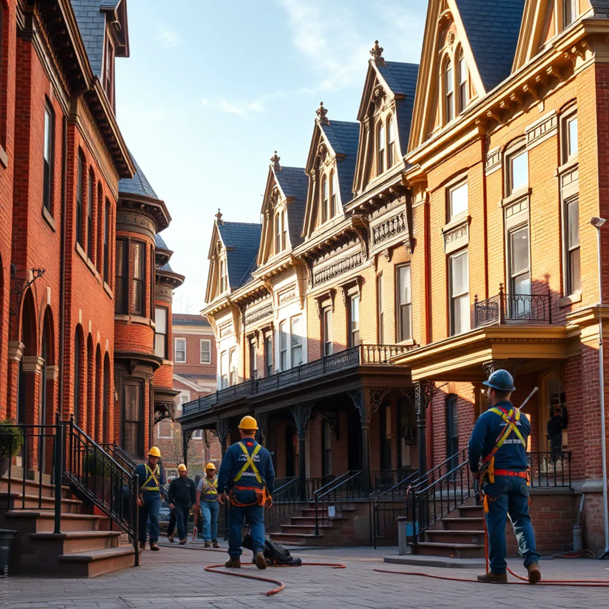 Restored slate roofs on historic rowhomes in the Olde Uptown district of Harrisburg, PA