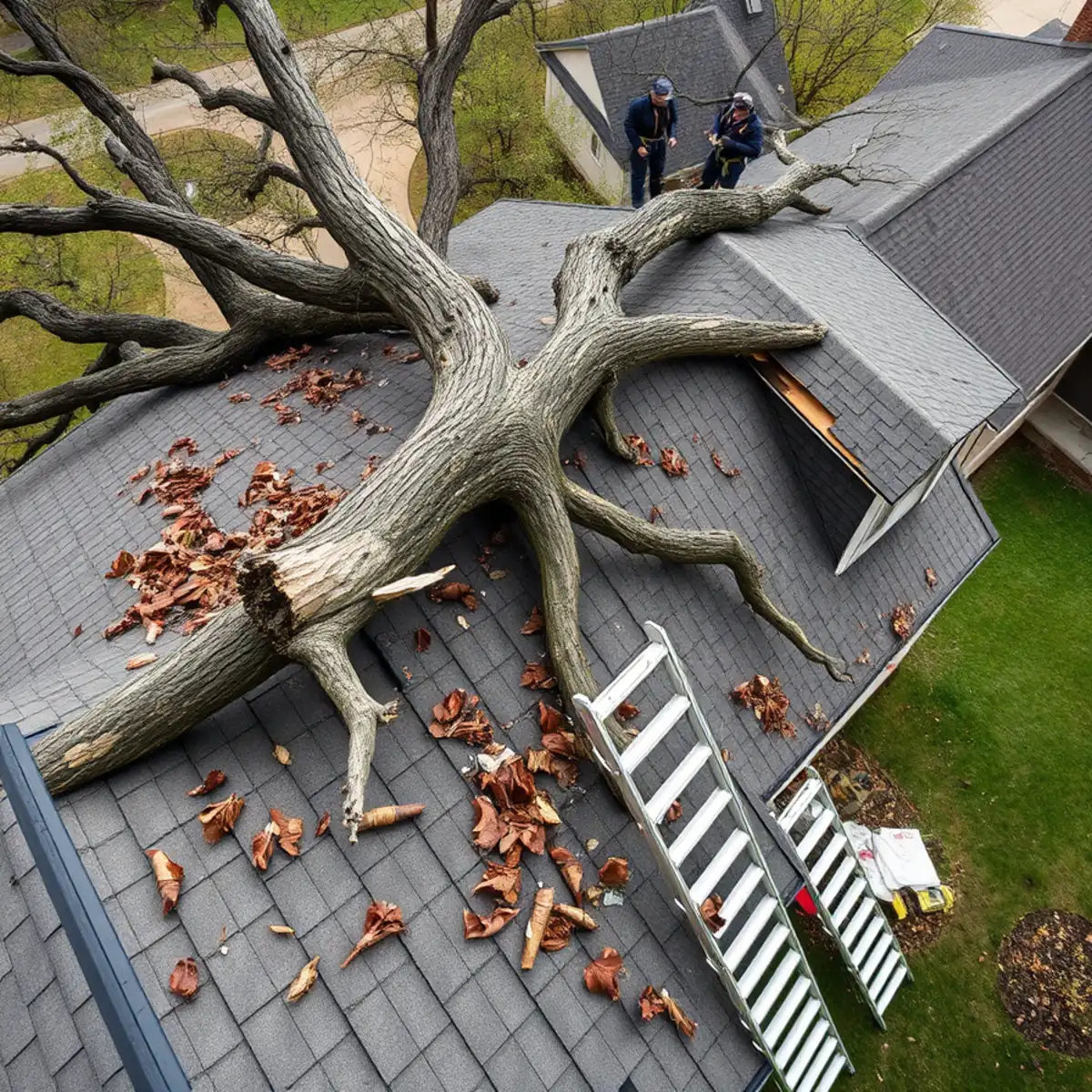 Storm-fallen tree limb resting on the roof of an older home in Riverside, Harrisburg, PA