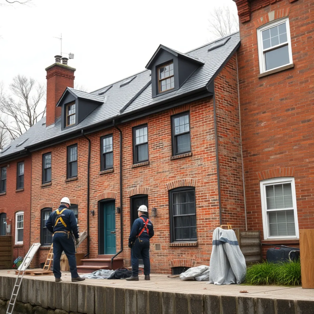 West-facing riverfront elevation of a historic Shipoke rowhouse in Harrisburg, PA