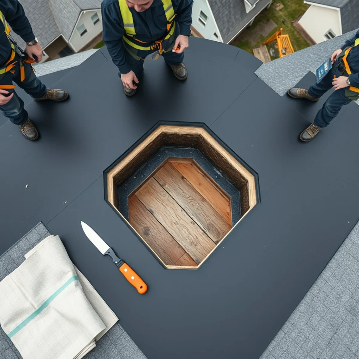 Test core cut through a flat roof assembly to check for wet insulation in South Harrisburg, PA