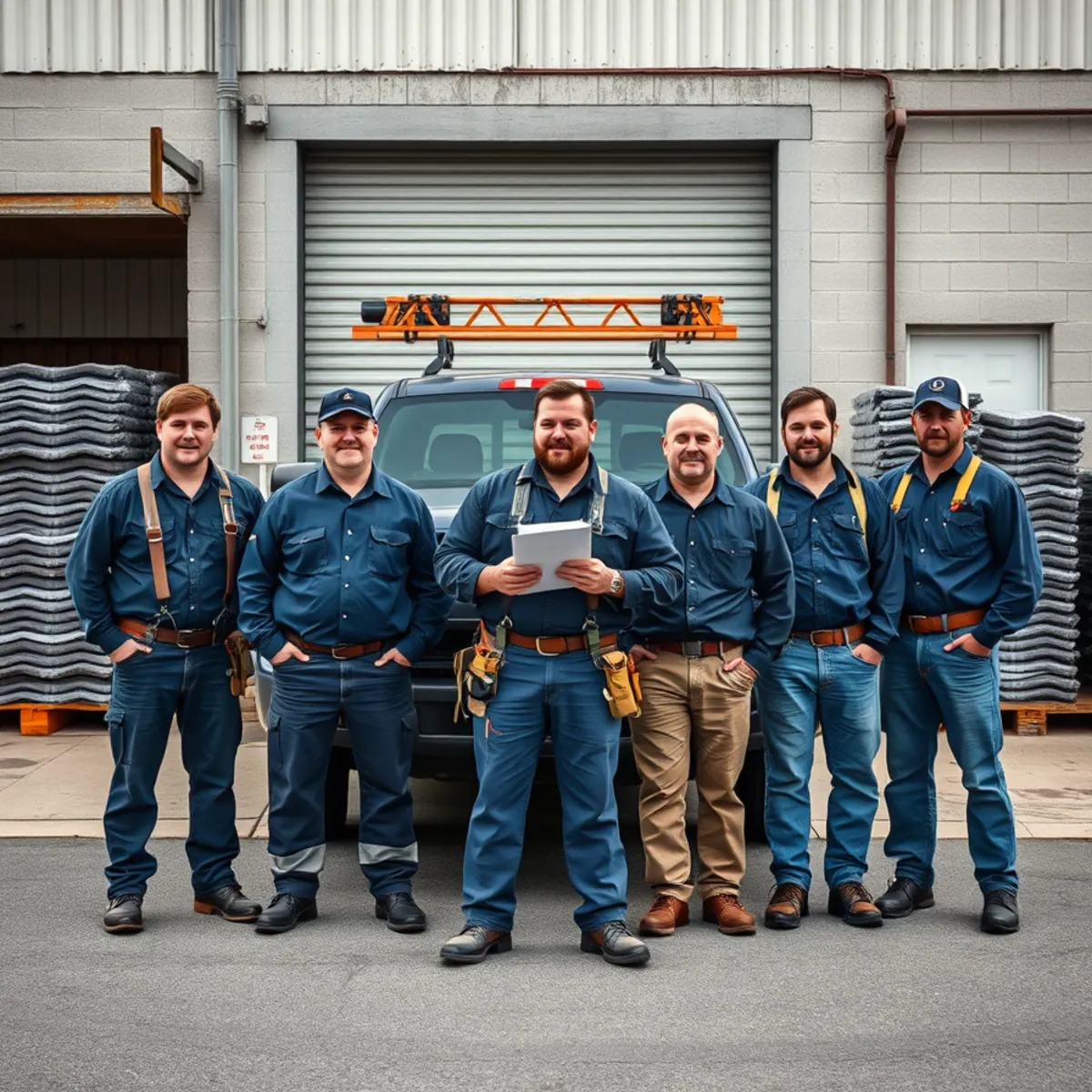 Capitol Roofers crew standing with their work truck outside the shop on N Cameron Street in Harrisburg, PA