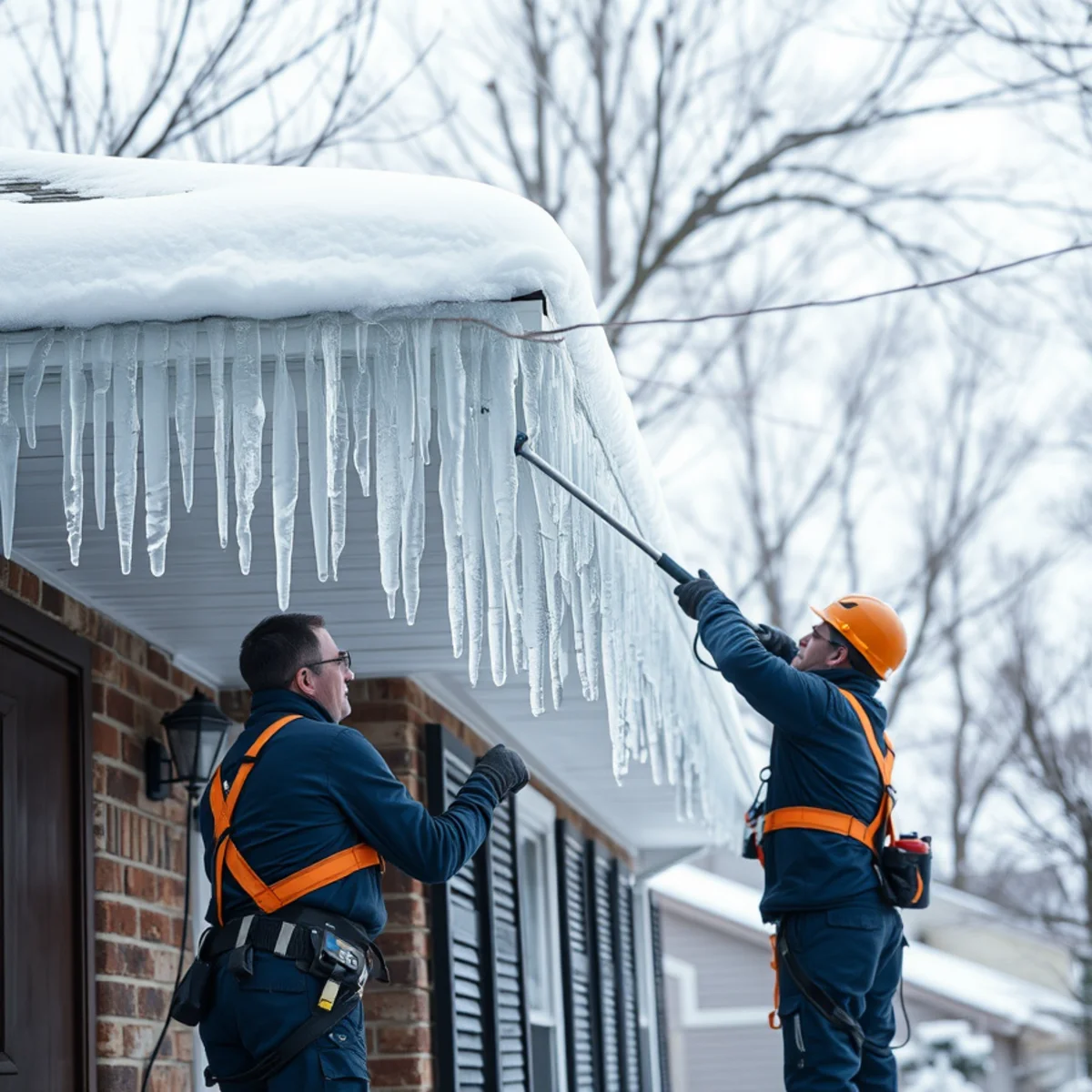 Ice dam and icicles along the eave of a Harrisburg, PA home in winter