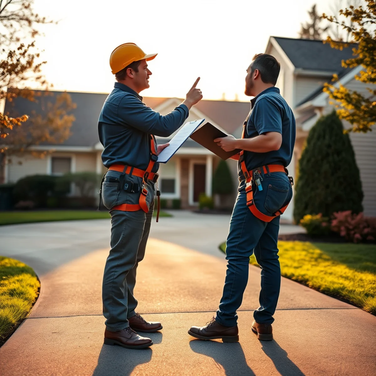 Roofer and homeowner reviewing a finished roof replacement in Harrisburg, PA