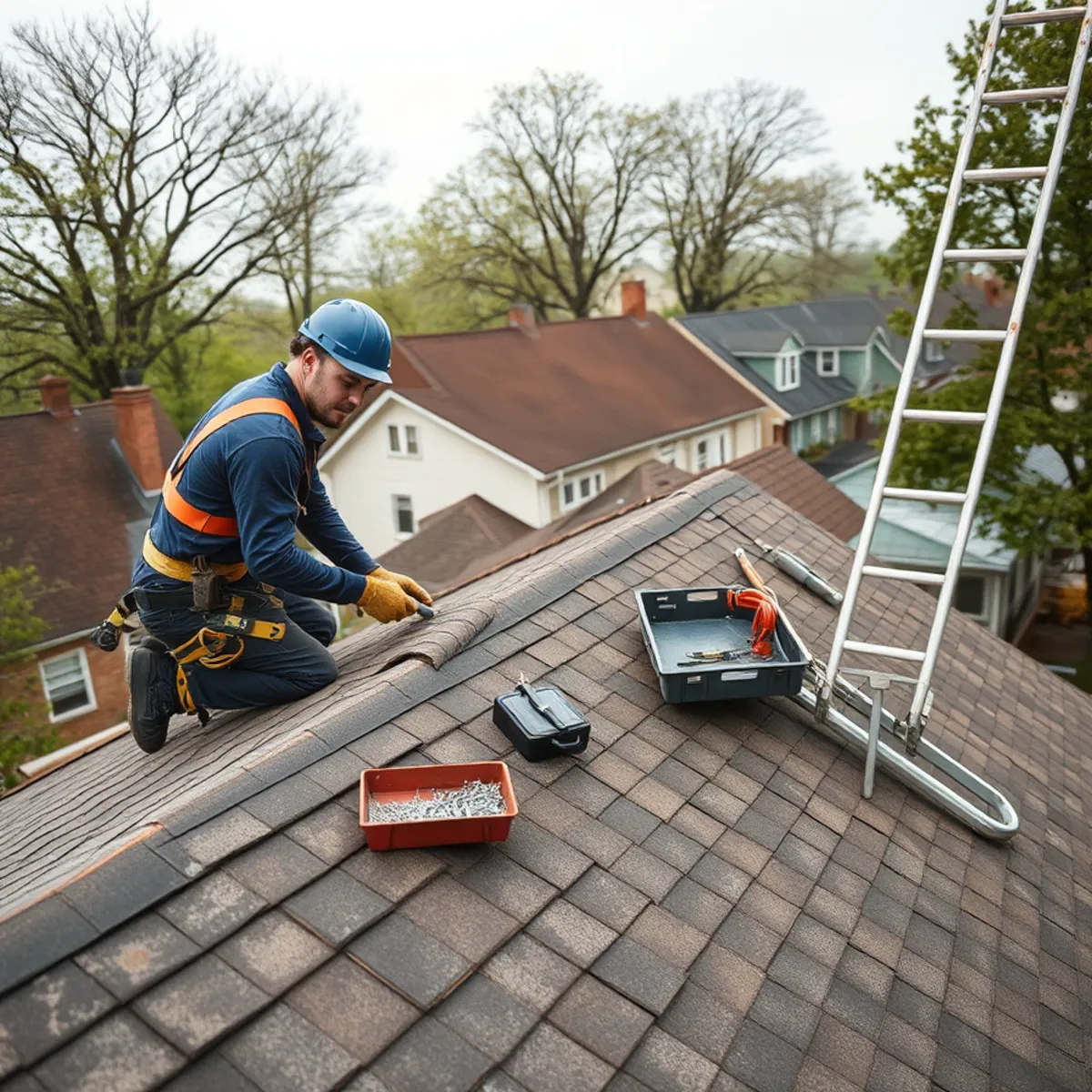 Roofer repairing damaged shingles and flashing on a Harrisburg, PA rowhome roof