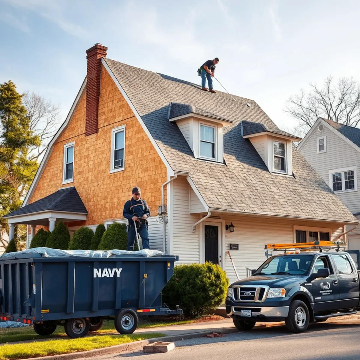 Capitol Roofers crew installing a new architectural shingle roof on a Harrisburg, PA home