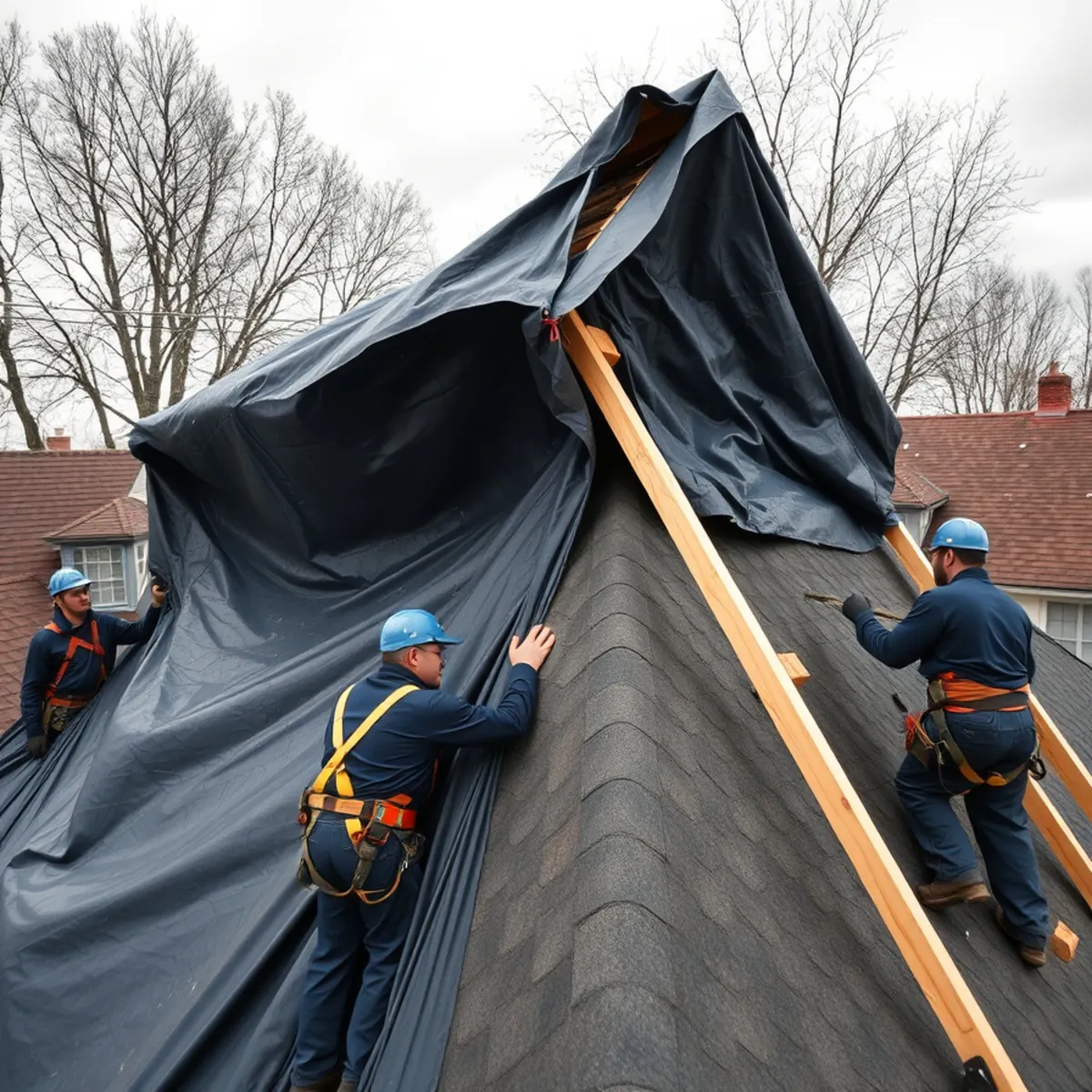 Emergency blue tarp battened down over storm damage on a Harrisburg, PA roof
