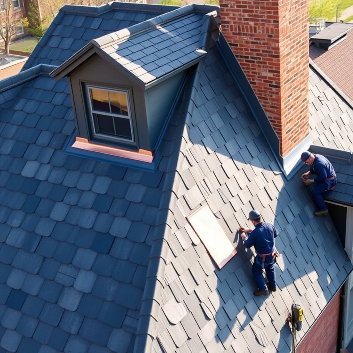 Historic slate roof and copper flashing on a Federal-era building in Carlisle, PA