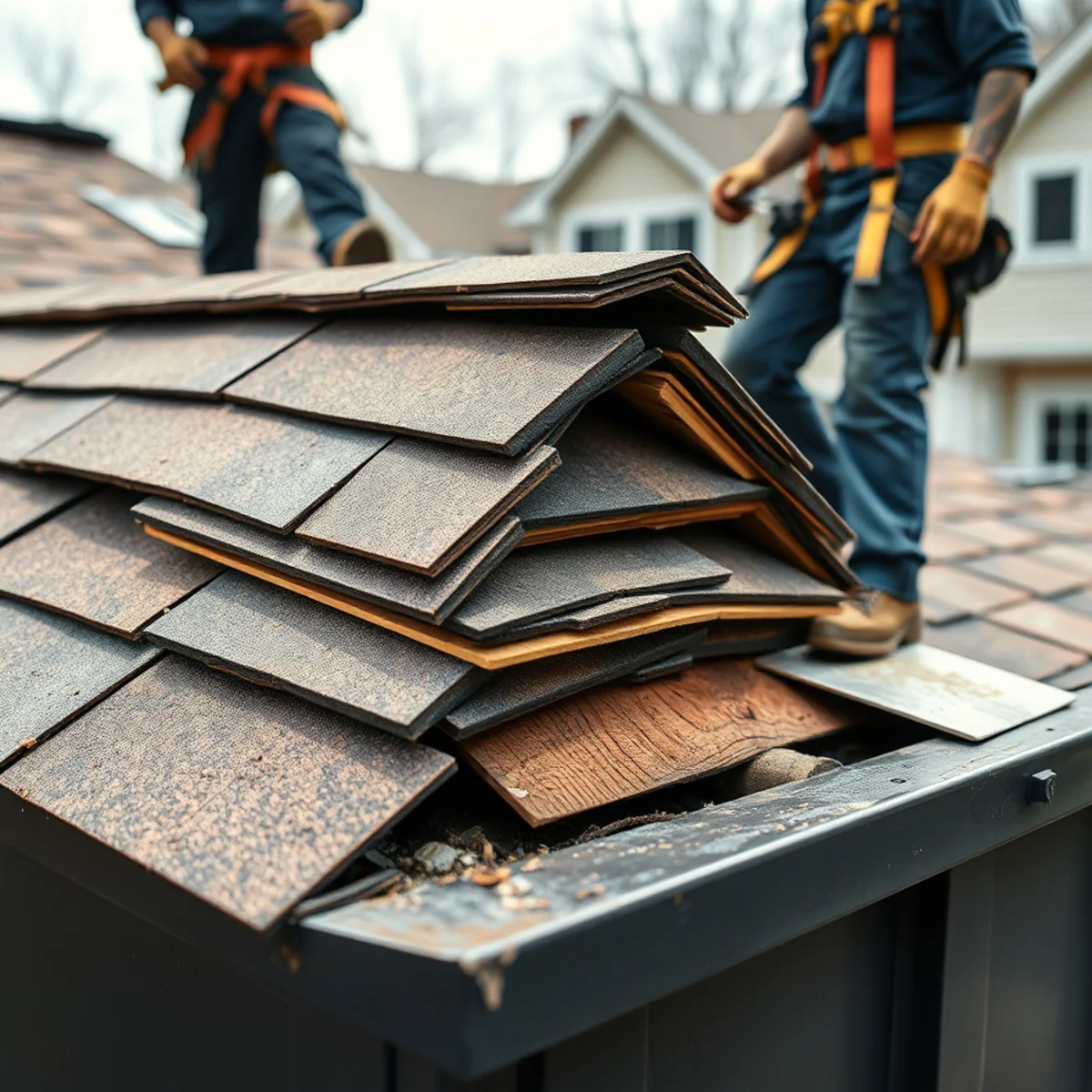 Two layers of old shingles being torn off a postwar ranch in Colonial Park, PA