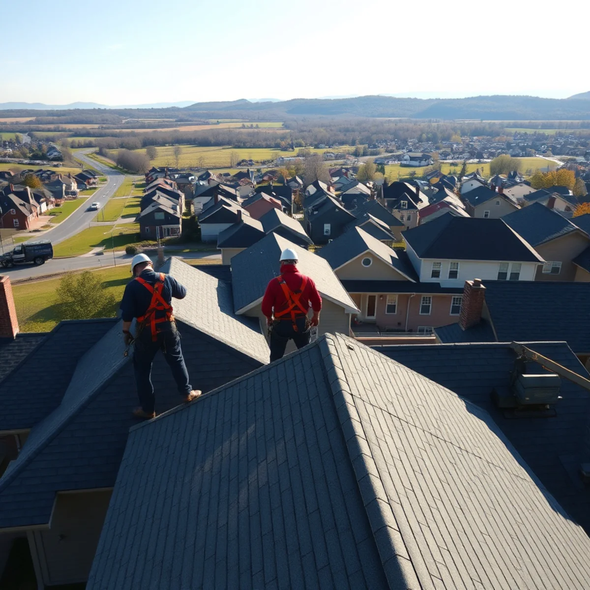 Roofing crew working across Dauphin County, PA with the Susquehanna River valley behind them
