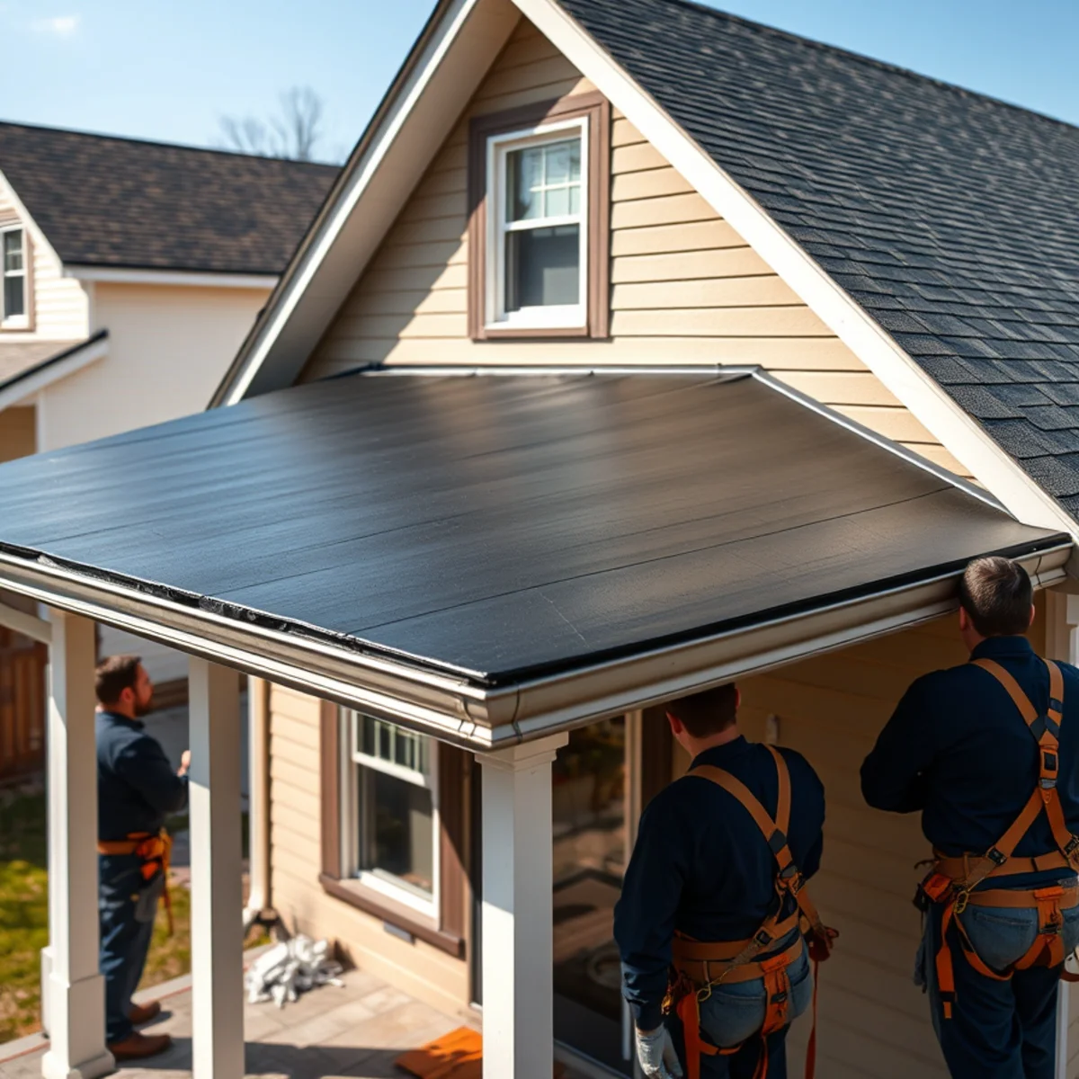 Low-slope porch roof correctly re-covered with membrane in Enola, PA