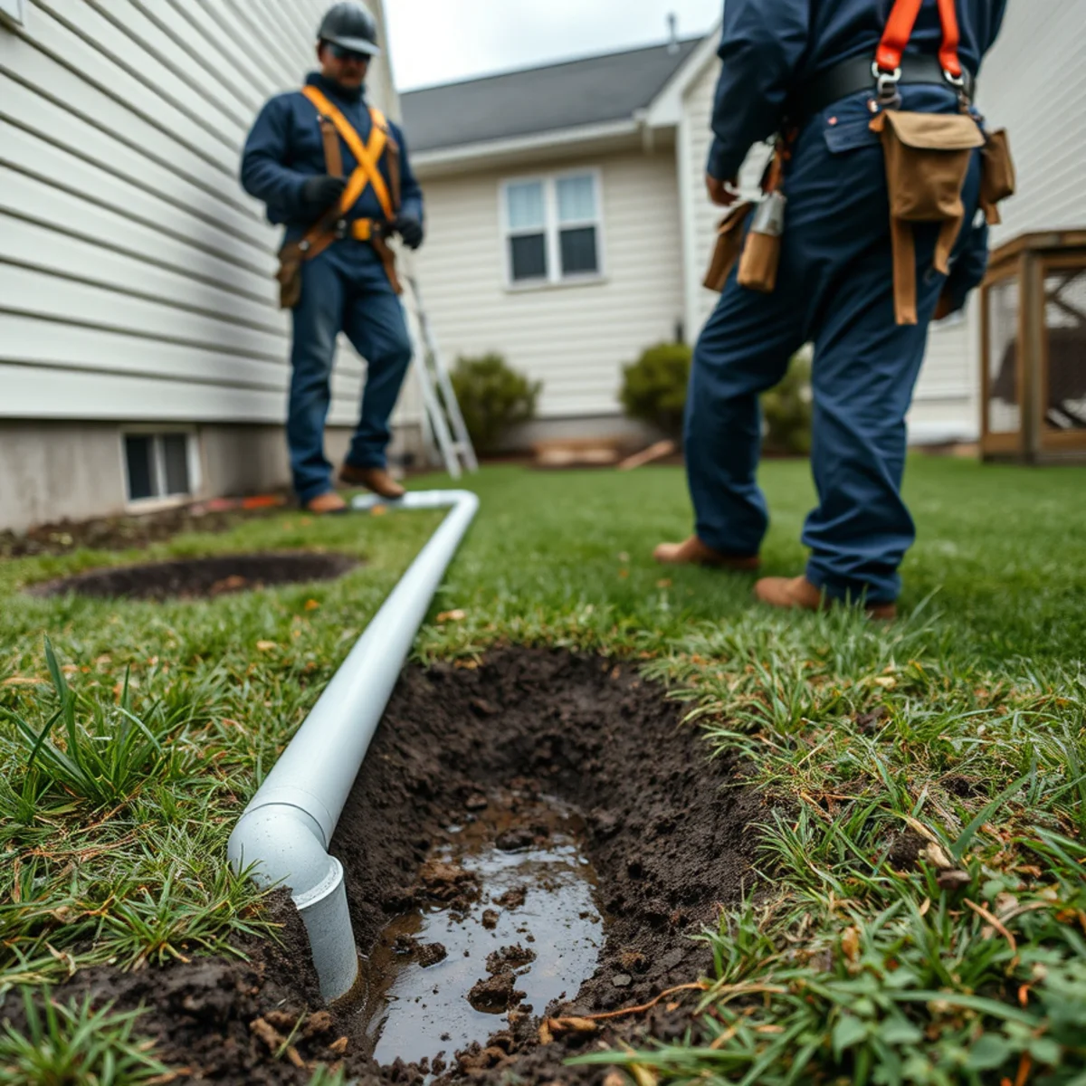 Roof water being routed away from a foundation on a river-plain lot in Highspire, PA