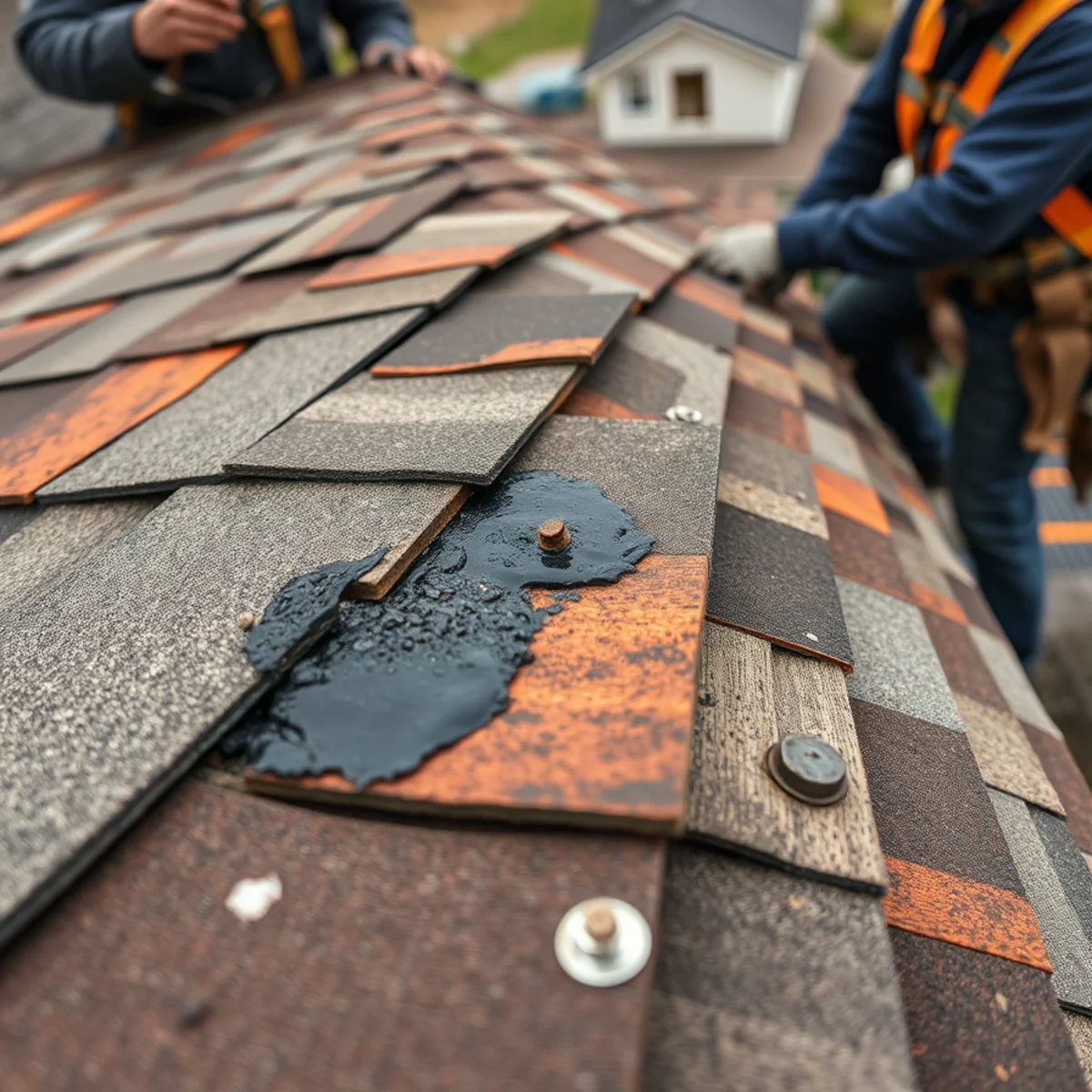 A roof with decades of mismatched patches and tar repairs in Lawnton, PA