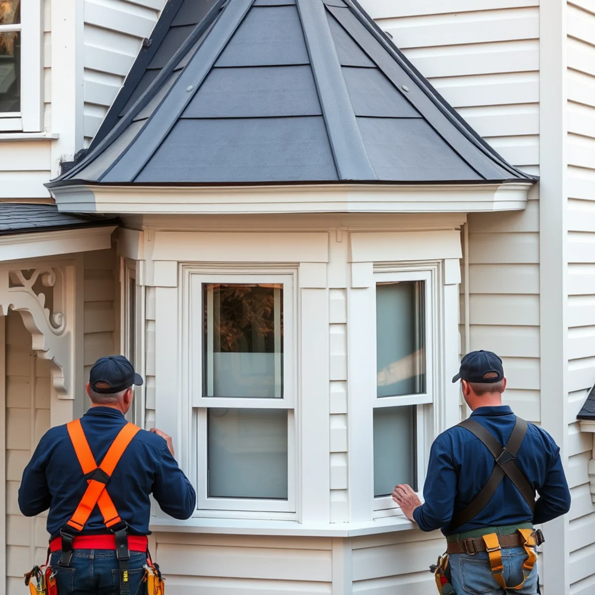 Decorative Victorian bay and porch roof detail on a Mechanicsburg, PA home