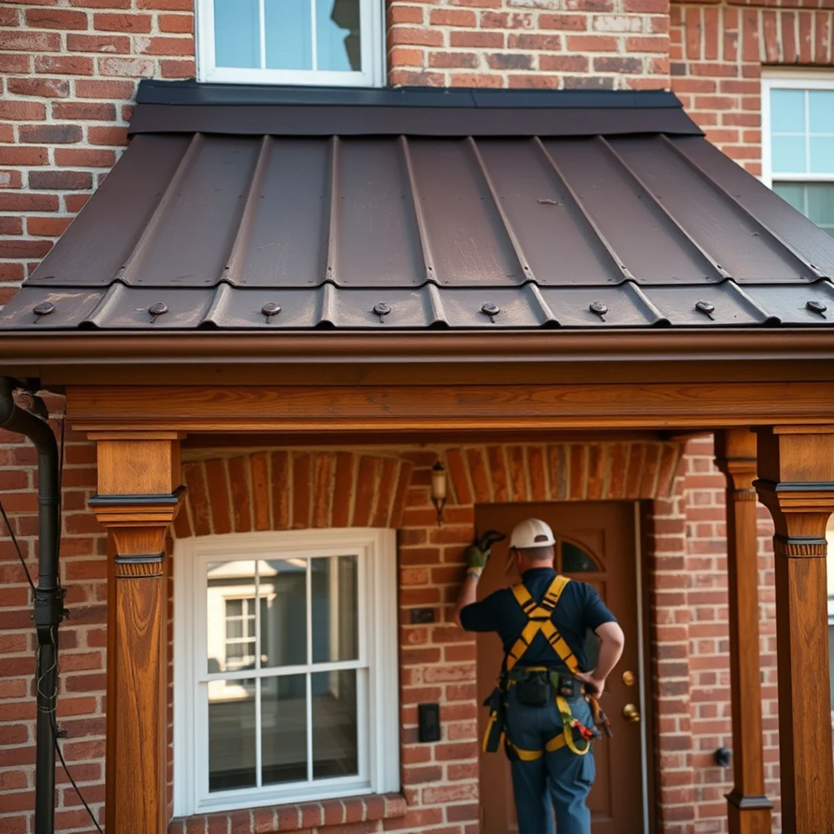 Historic standing seam metal porch roof on a Federal-era home in Middletown, PA