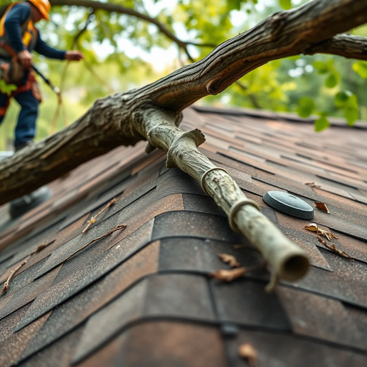 Mature tree limb overhanging a roof and abrading shingles in Paxtang, PA
