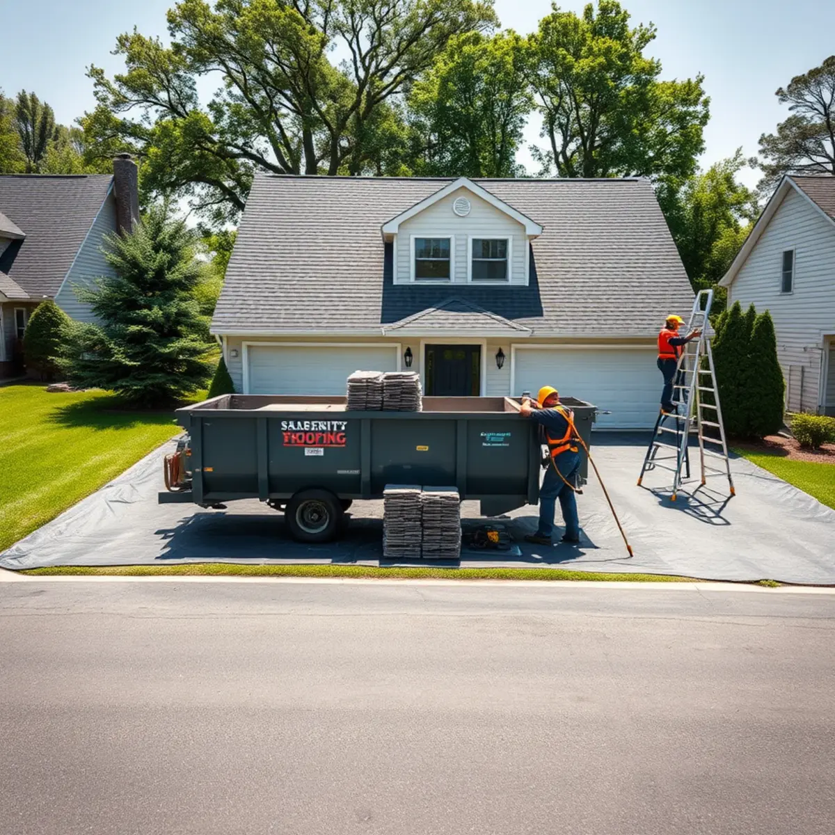 Roofing crew with easy driveway access and staging space at a Paxtonia, PA home