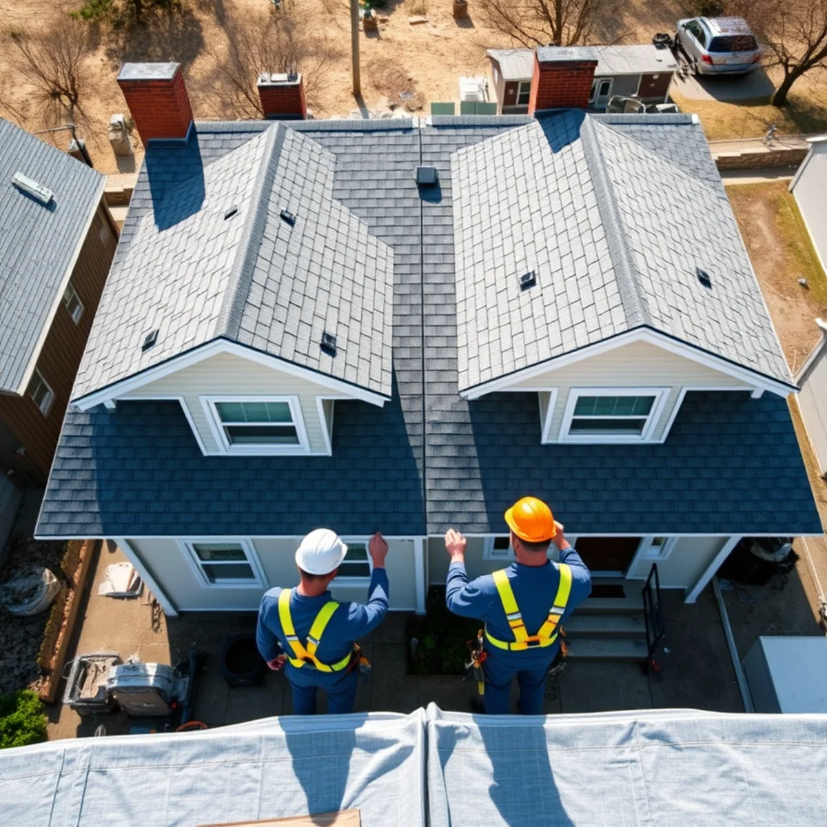 Shared roof plane and party-line flashing between twin homes in Penbrook, PA