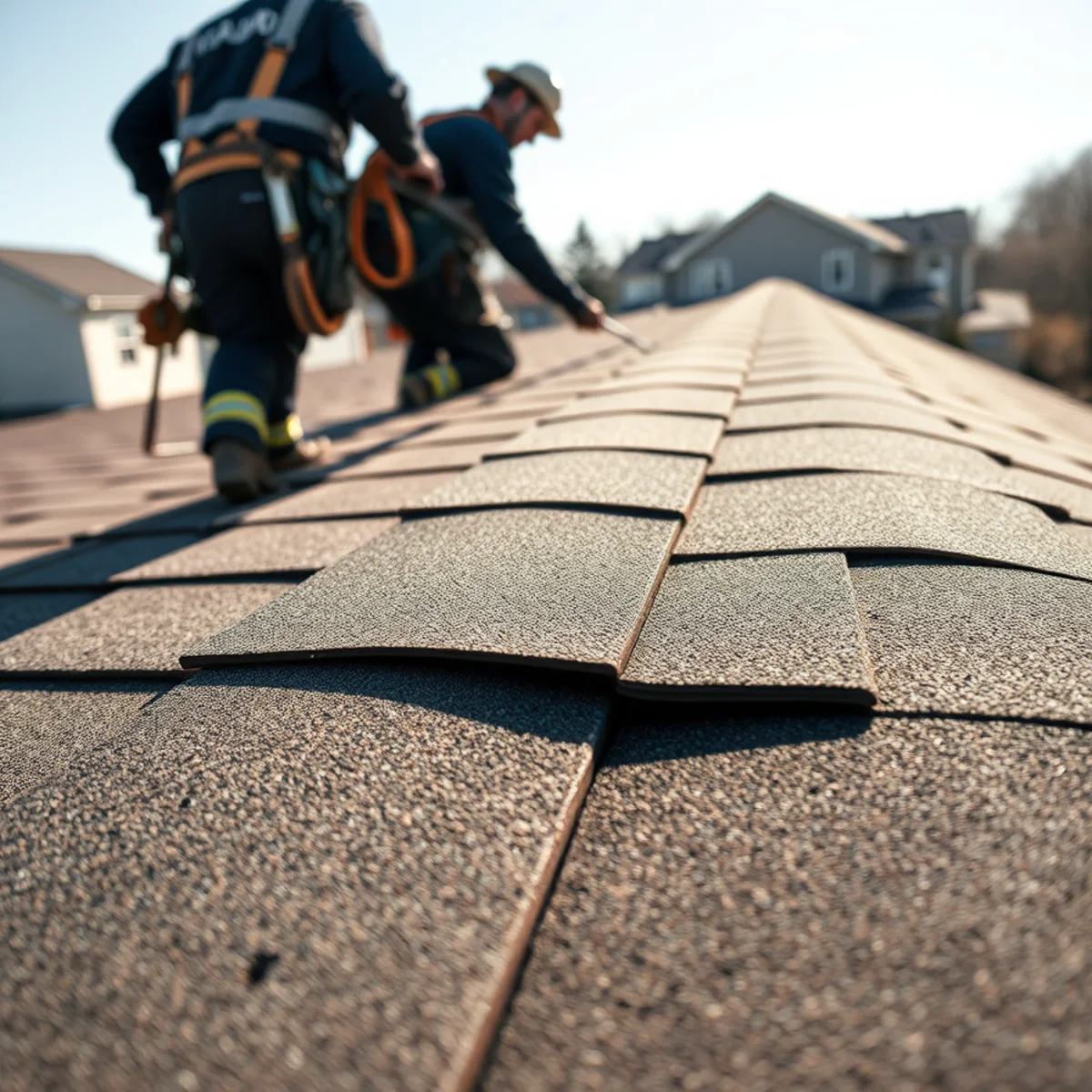 Wind-creased shingle with a broken seal on a roof in Rutherford, PA