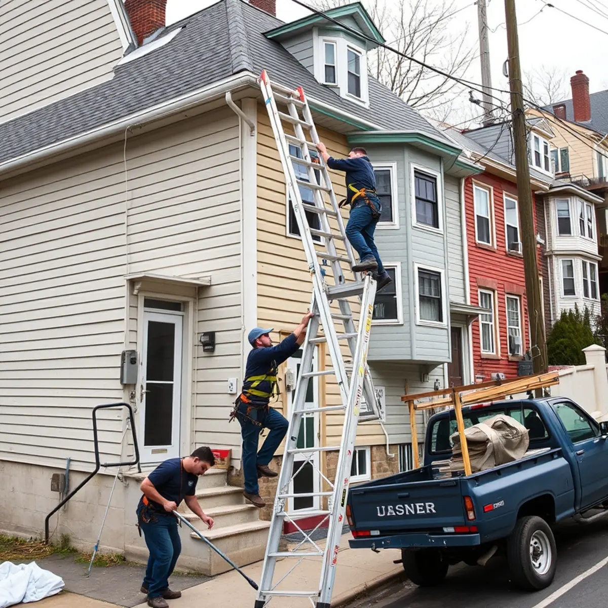 Steep street grade and tight access on a Steelton, PA rowhome block