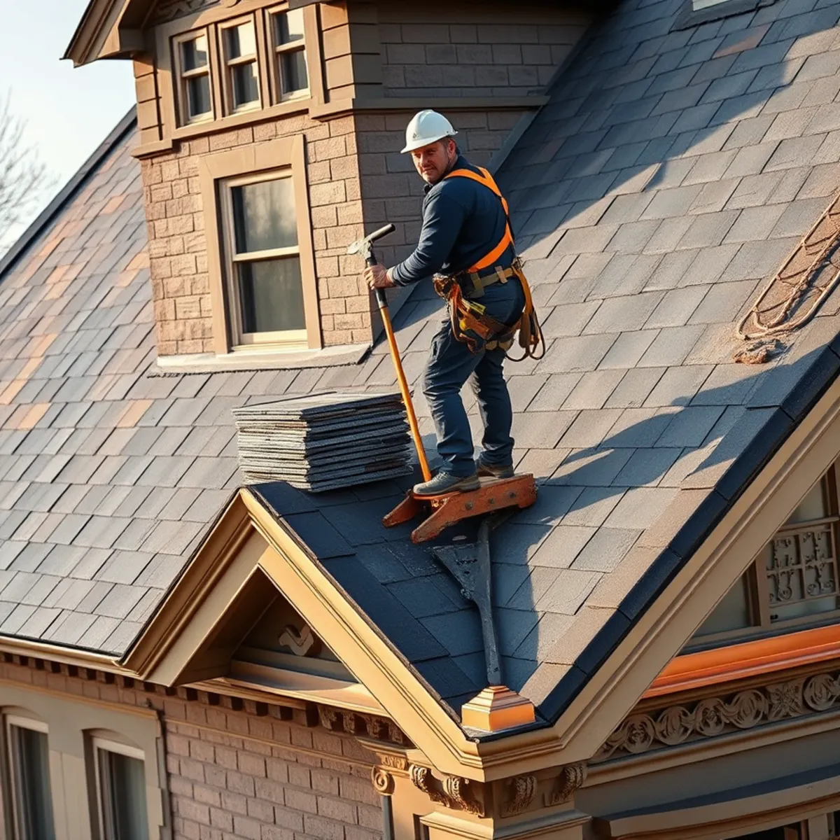Roofer hanging a replacement slate with a copper hook on a historic Harrisburg, PA home